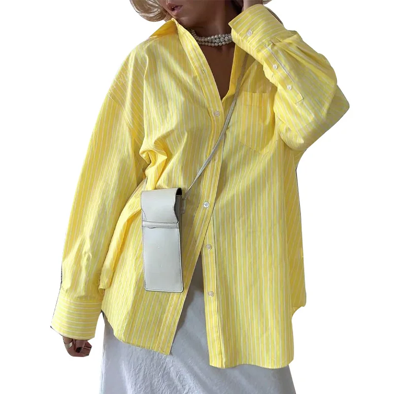 2025 أوائل الخريف نمط جديد عبر ins النمط الأوروبي الغربي قميص طويل الأكمام بلوزة مخططة سترة المرأة