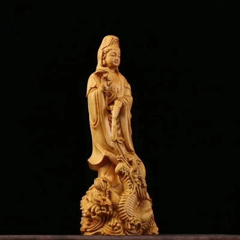 

Solid wood carving Long Guanyin Buddha ornaments，Traditional hand-carved Buddha statue，Home Living Room Feng Shui Statue