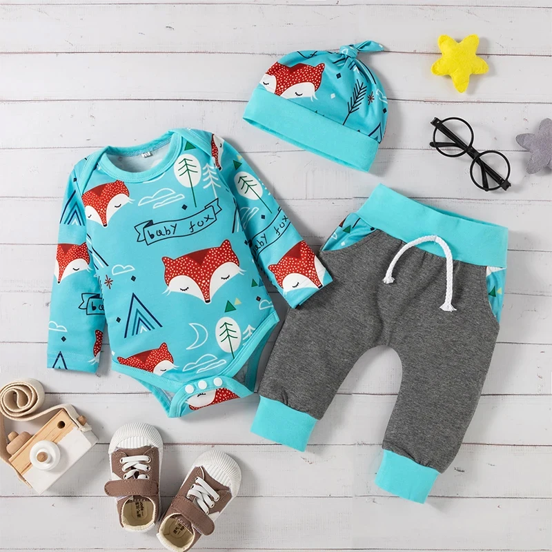 3PCS Autumn/Winter Children\'s Infant Creeper Bodysuit Cute Animal Print Elephant Fox  Pants Holiday Party Travel Clothing 0-24M