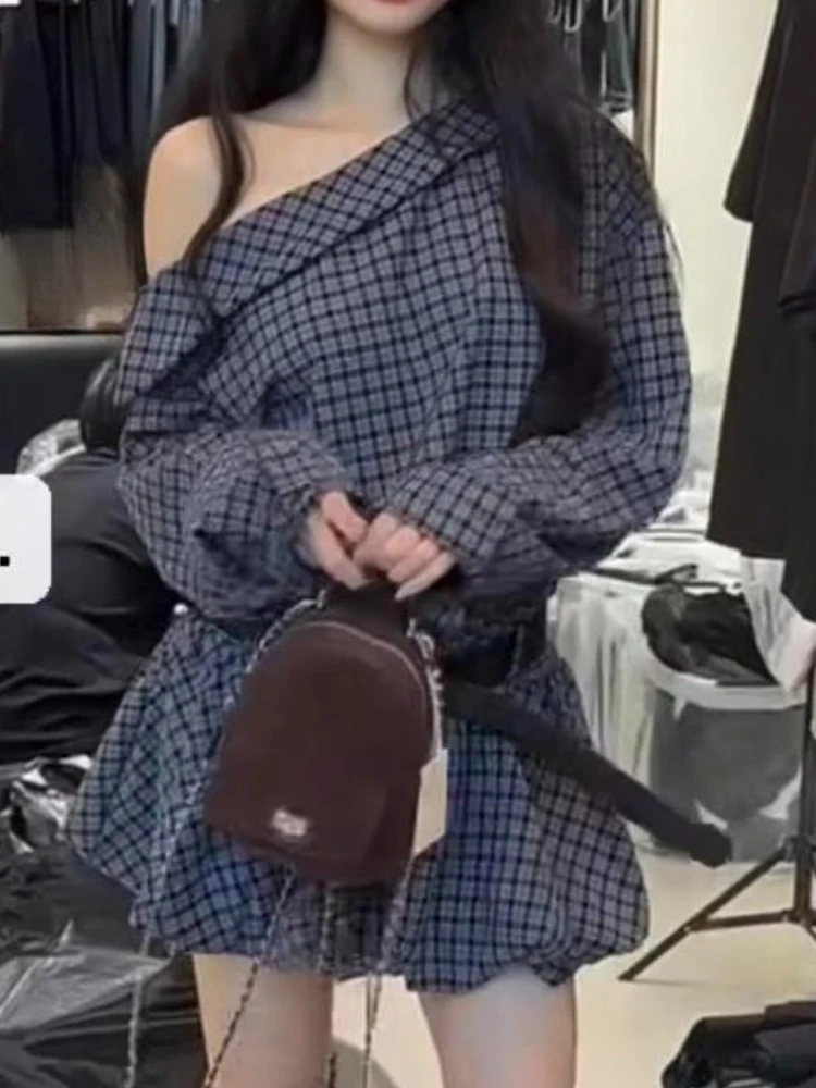Sukienka w stylu vintage damska jesienna sukienka koszulowa w kratę z odkrytym ramieniem dopasowana w talii retro szykowna koreańska elegancka odzież uliczna