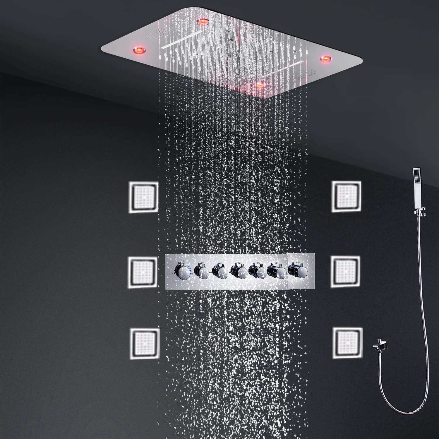 hm Luxury Bluetooth Music Shower Set Ceiling LED Shower Head System 6Functions Thermostatic Shower Faucet With Massage Body Jets