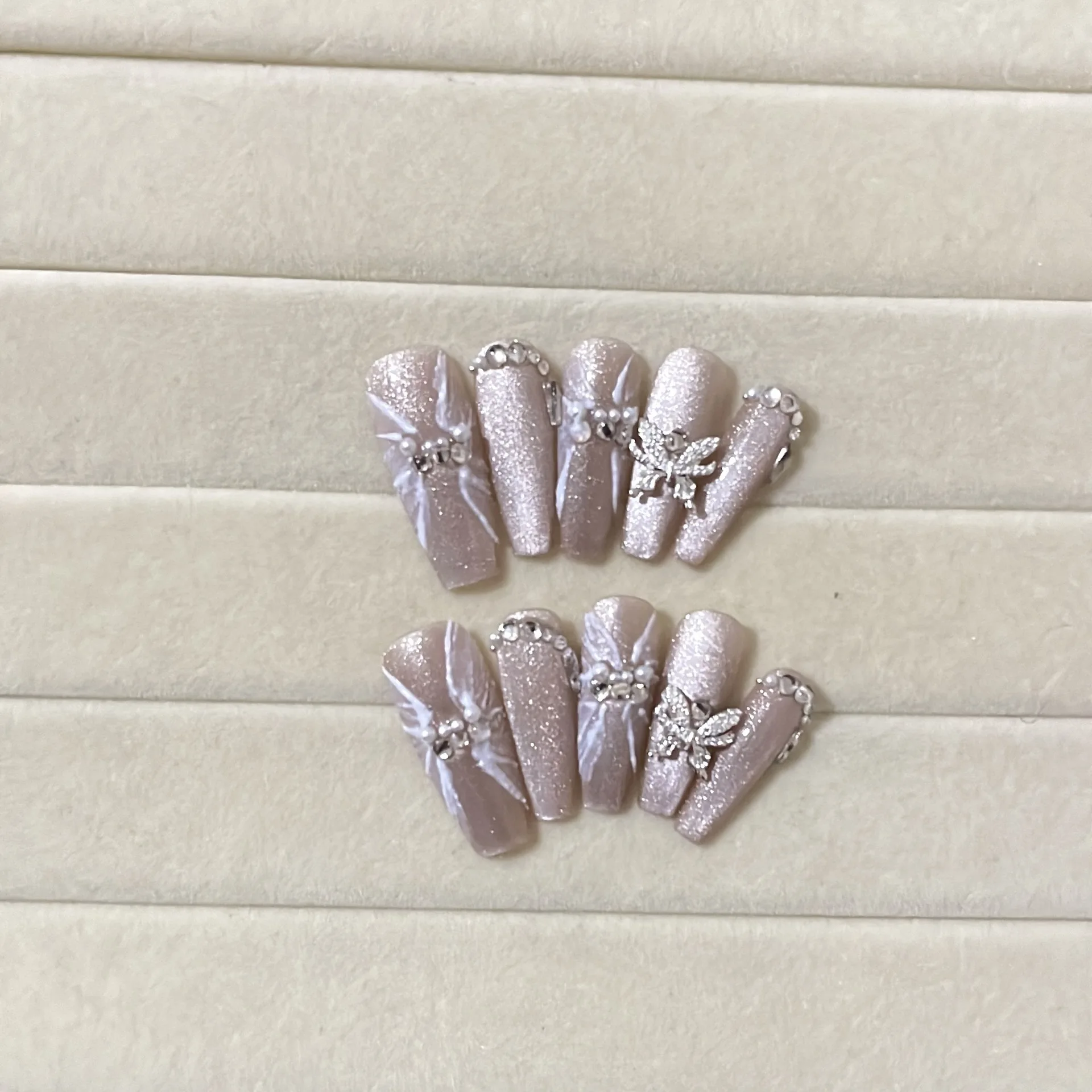 10 Pieces French Cat Eye Press On Nails Handmade Plaster Three Dimensional Hand Painted Butterfly False Nail Patches Removable