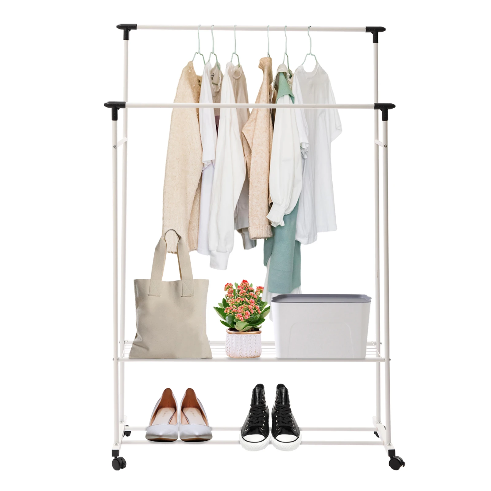 Simple Trending Double Rod Clothes Garment Rack, Heavy Duty Clothing Rolling Rack on Wheels for Hanging Clothes 