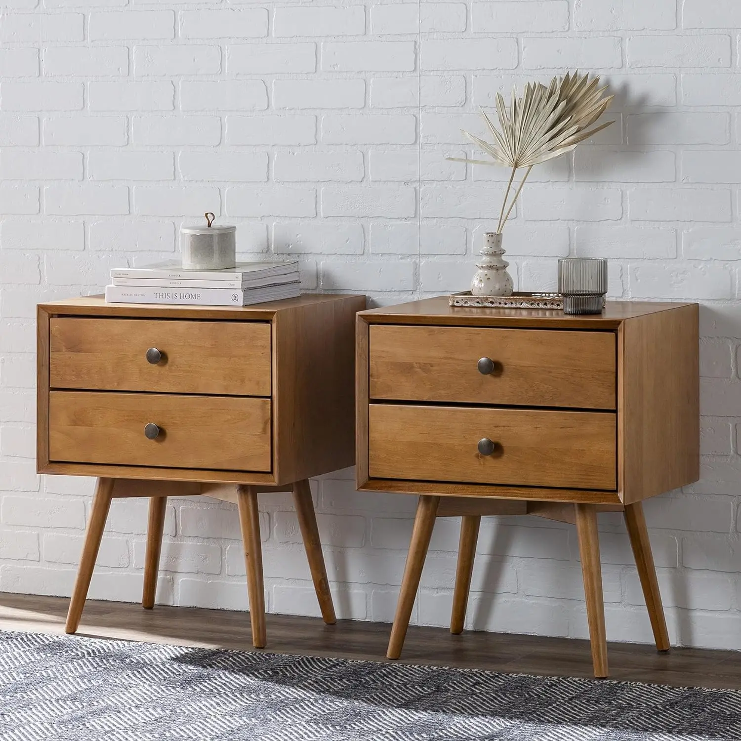 

Mid-Century Modern 2-Piece 2-Drawer Solid Wood Nightstand Set, 2 Pack, Caramel