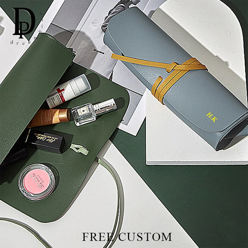 

Custom Letters Luxury Fashion Cosmetic Bag Roll PU Leather Engrave Name Travel Make Up Bag Business Student Pen Pouch Pencil Bag
