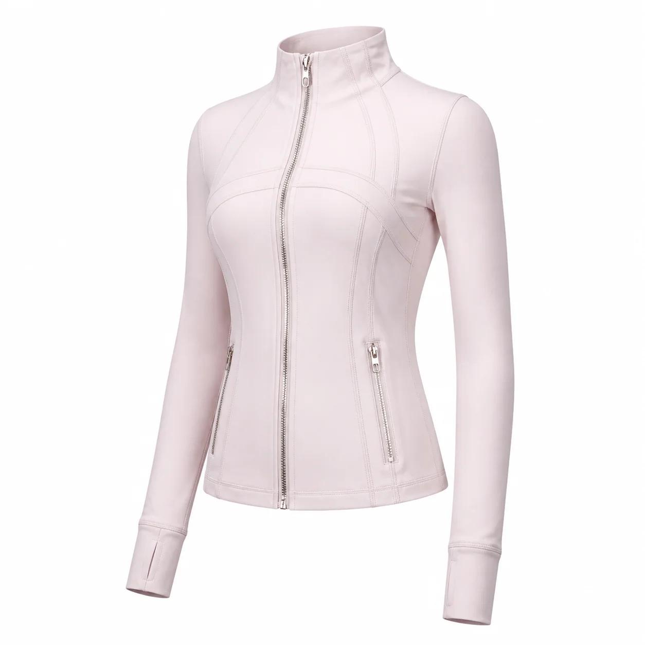 Women's Blush Pink Slim Fit Full Zip Sports Jacket Stand Collar Long Sleeve Thumbhole Workout Running Yoga Outerwear