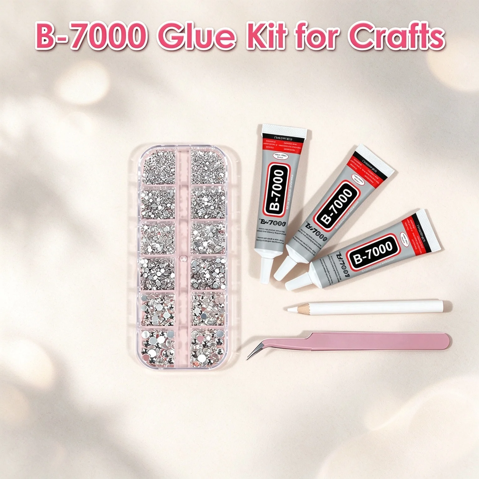 B7000 Glue Kit, B-7000 Multi-purpose Adhesive with Crystal Rhinestones, Tweezers & Wax Pencil for Jewelry Making Nail Art DIY