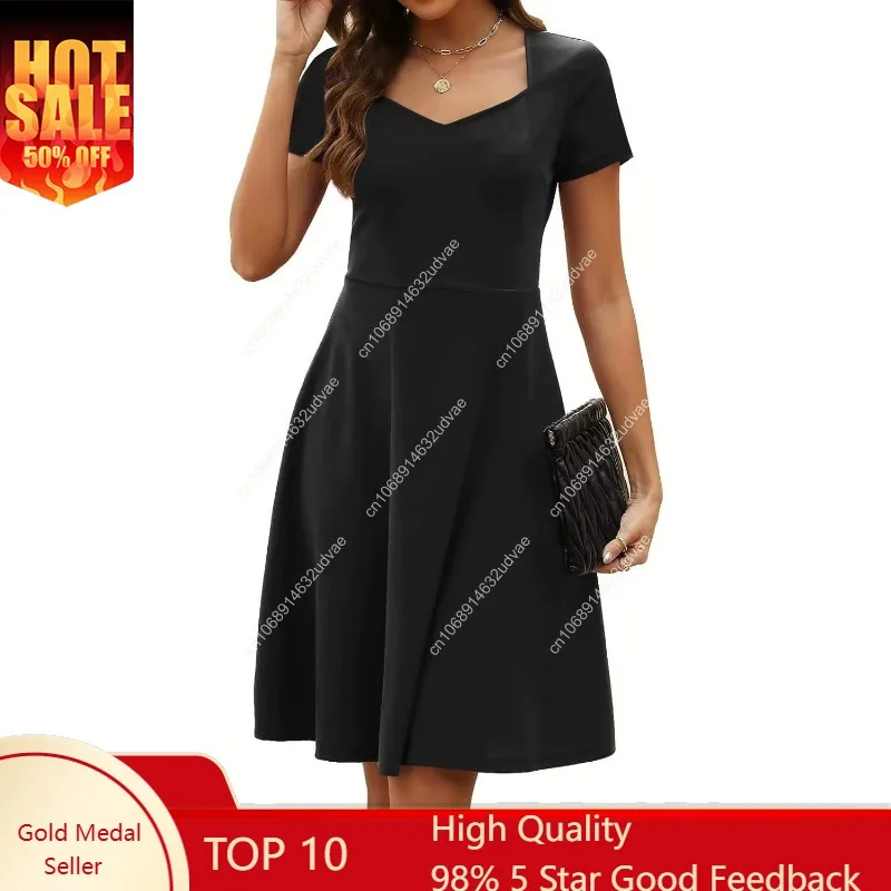 

Женское элегантное винтажное летнее платье трапециевидной формы с коротким рукавом и вырезом в форме сердца, повседневное деловое платье для работы и вечеринки