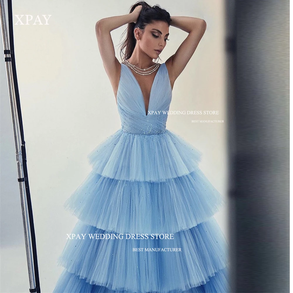 

XPAY Luxury Light Blue Tulle Ruffles Tiered Prom Dresses V Neck Beads Shiny Dubai Arabic Women Evening Gowns Formal party