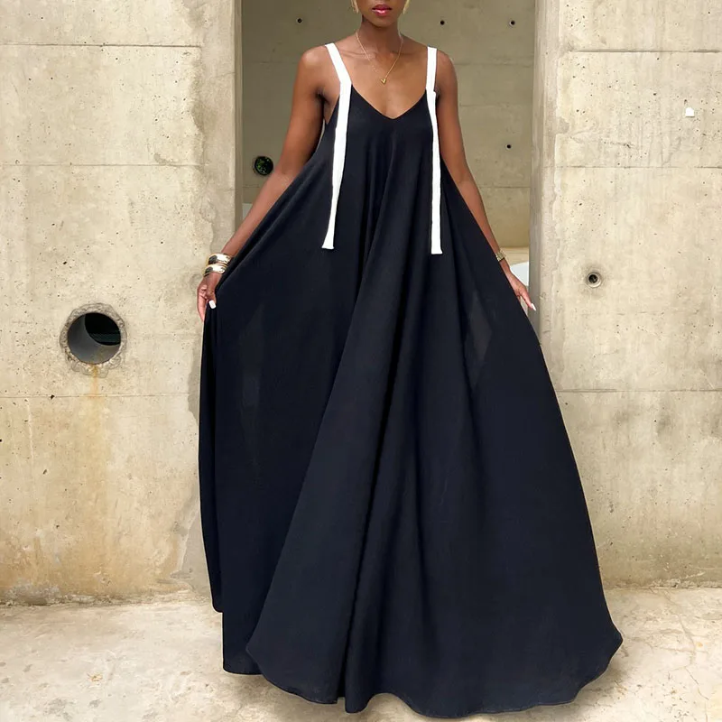 2026 Modisches Patchwork-Kleid mit Hoher Taille, Sexy Ärmelloses Loses Langes Kleid für Damen, V-Ausschnitt, Schulterfreies Sommerkleid