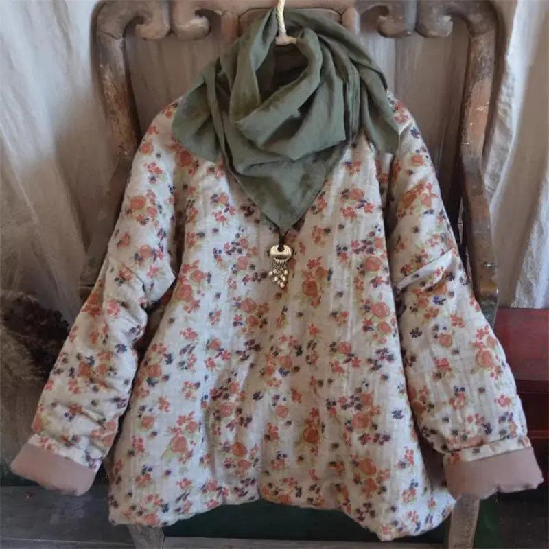 2024 Lente Herfst Losse Oversized Gebloemde Katoenen Jas Ronde Hals Etnische Stijl Lange Mouwen Retro Vrouwen Gewatteerde Jas Top Z4717