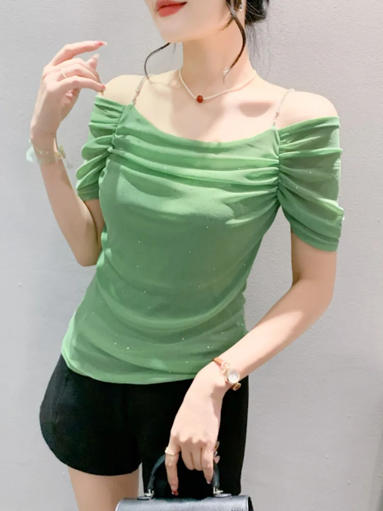 #8201 Black Pink Green Off Shoulder T Shirt Women Sexy Skinny Short Party Mesh T Shirt Femme Short Sleeve Folds Tee Shirt Summer