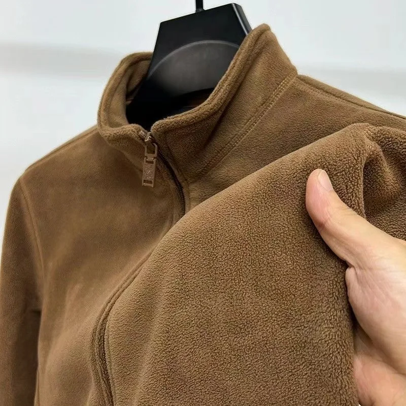 Men's Fleece Hoodie Autumn Winter Thicken Standing Collar Zipper Cardigan Jacket Simple Fashion Street Warm Outerwear Tops