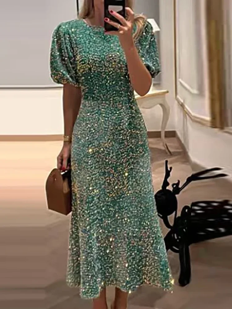 Moda damska błyszczące cekiny rękawy typu lampion sukienka na imprezę eleganckie damskie seksowne zielone suknie wieczorowe z wysokim stanem dla kobiet — zdjęcie 7