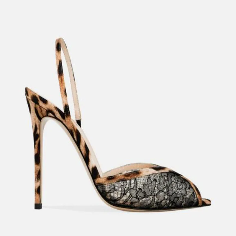 

Black Lace Floral Leopard Patchwork Pointed Peep Toe Slingback Summer Sandals Women Shallow Elastic Band Back Thin Heels Pumps