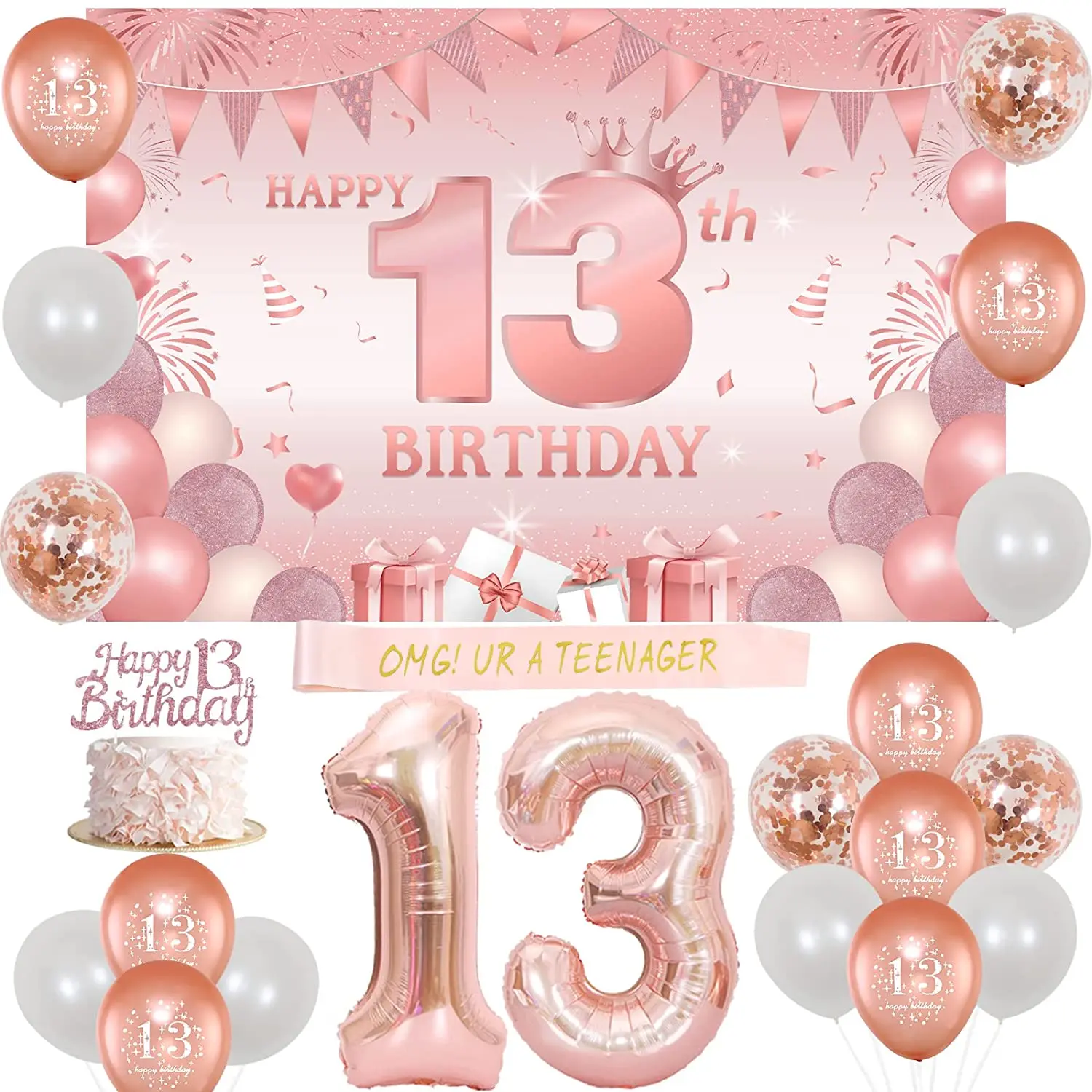 

Happy 13th Birthday Decorations Girls Rose Gold OMG UR A TEENAGER Sash Backdrop Balloons for Teenager Birthday Party Supplies