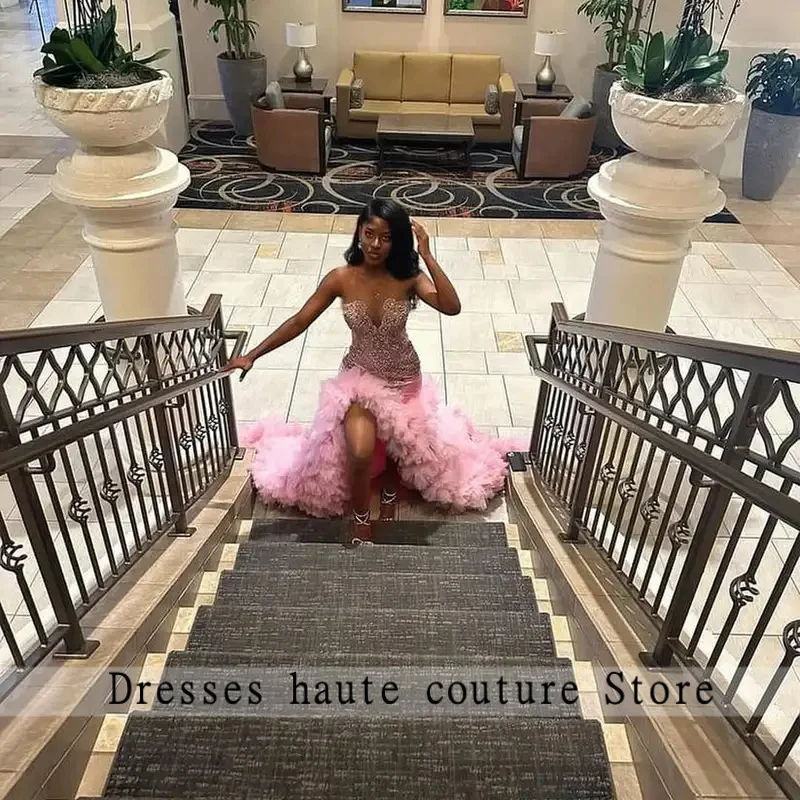 Sparkly Roze Lange Galajurken 2025, Luxe Zwart Meisje Kralen Kristallen Ruches Avond Verjaardag Galajurk Met Split Op Maat