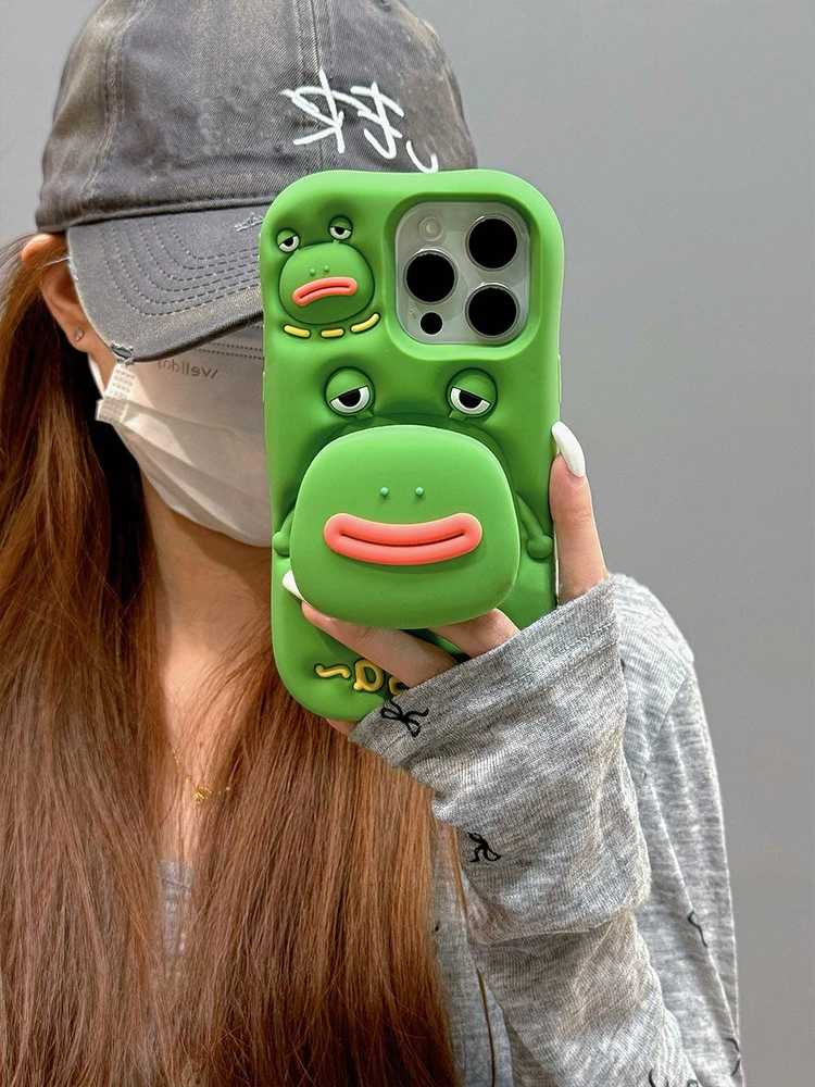 Funny 3D Cute Big Mouth Frog Silicone Hidden Holder Case For iPhone 11 12 13 14 15 16 17 Pro Max Shockproof Phone Cover