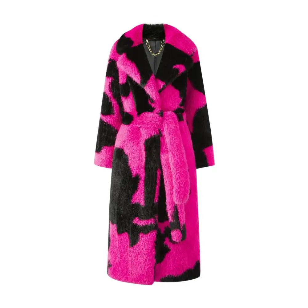 Winter Women's Coat Cow Pattern Contrasting Design Artificial Fur Mink Fur Coat Waist Wrap Coat