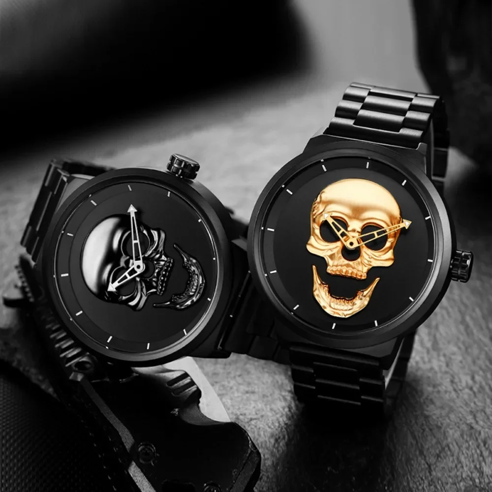 Men Watches Cool Punk 3D-Skull Stainless Steel Top Luxury Brand Sports Quartz Movement Waterproof Shockproof Male Wristwatches