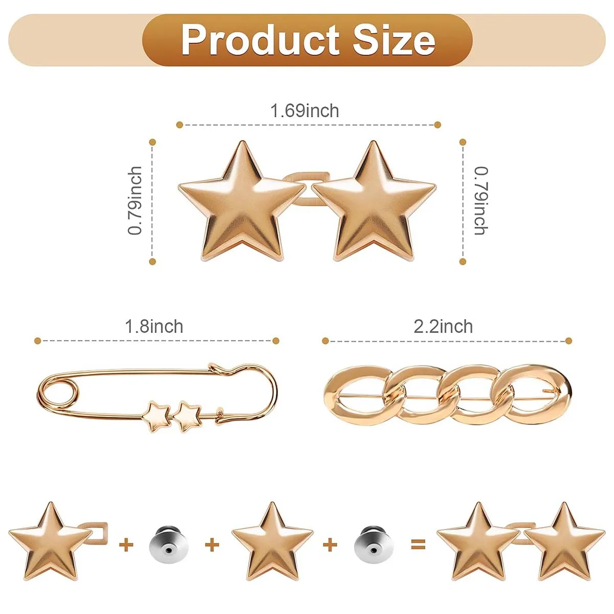 12Pcs Jean Waist Tightener Set Star Metal Buttons Safety Pins Chain Clips Adjustable Pants Waist Extender for Loose Denim