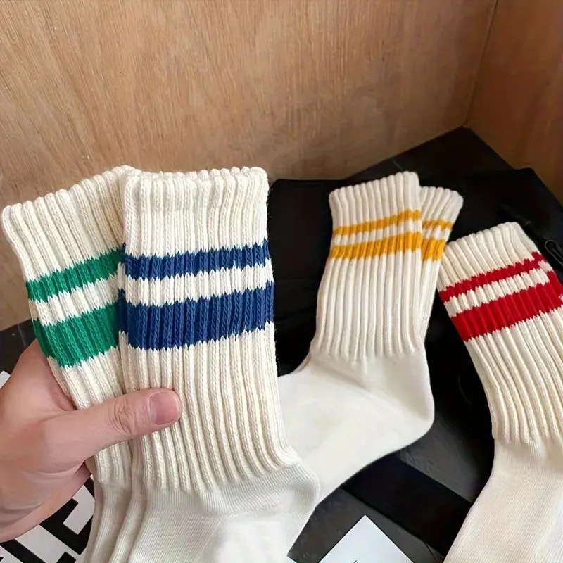 6 pares de meias de malha listradas grossas, meias de comprimento médio simples e elegantes para outono e inverno