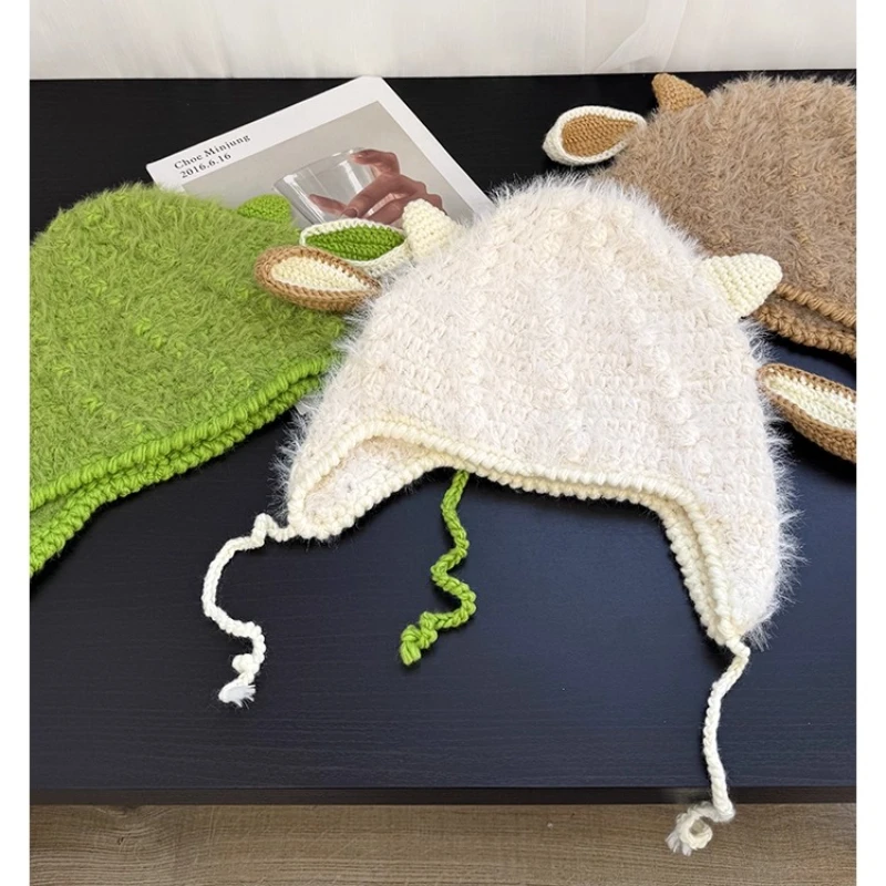 Cute Lamb Ears Plush Bomber Hats for Women Autumn and Winter New Warm Ear Protector Personality Funny Pullover Men's Caps