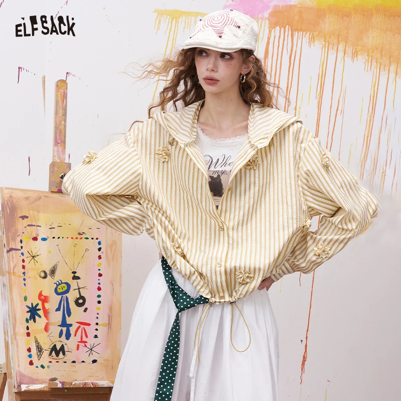 

ELFSACK Striped Hooded Blouse with 3D Floral Appliques for Women