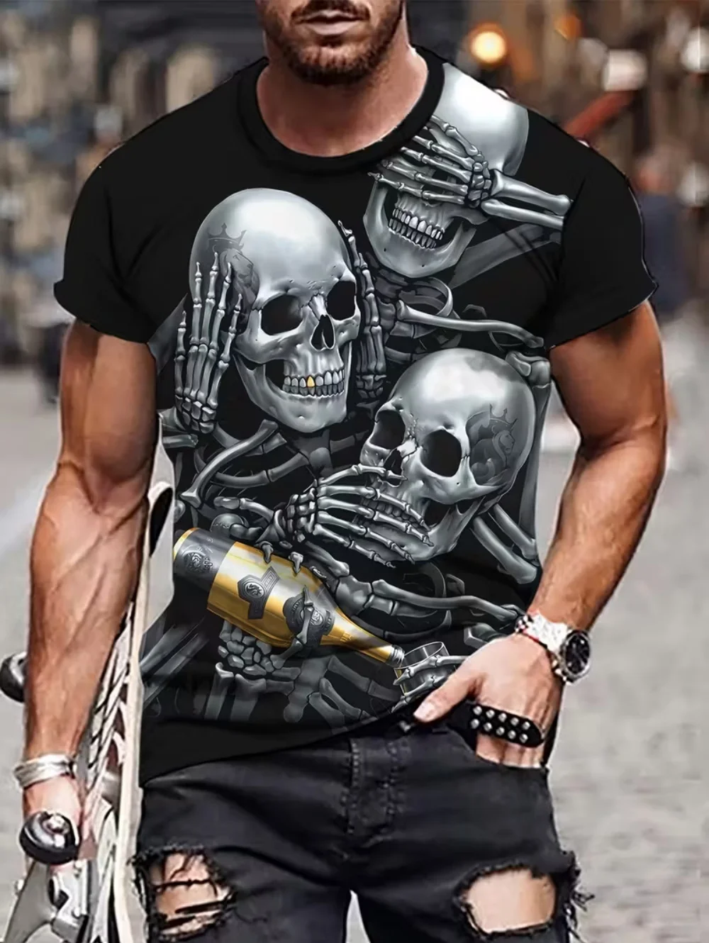 Männliche T-Shirts Retro Skelett Muster Kleidung für Mann Neue Designs Mode Punk T-Shirt Harajuku Kurzarm Coole Straße Y2k Tops – Detail 9