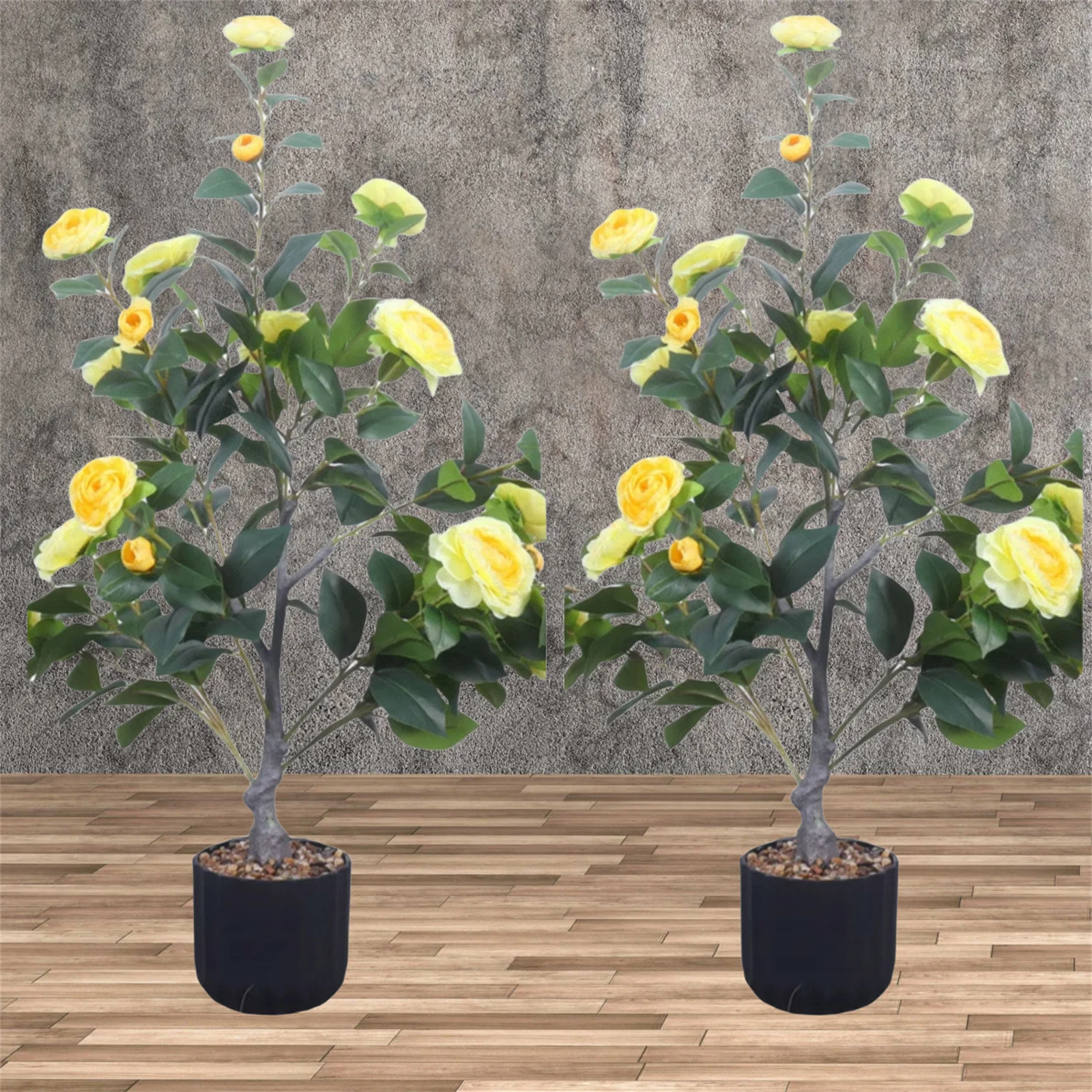 2 Pack Artificial Camellia Flower Plants Artificial Tree, 35inch Faux Floral Plant Blooming Camellia with Yellow Blossom Indoor