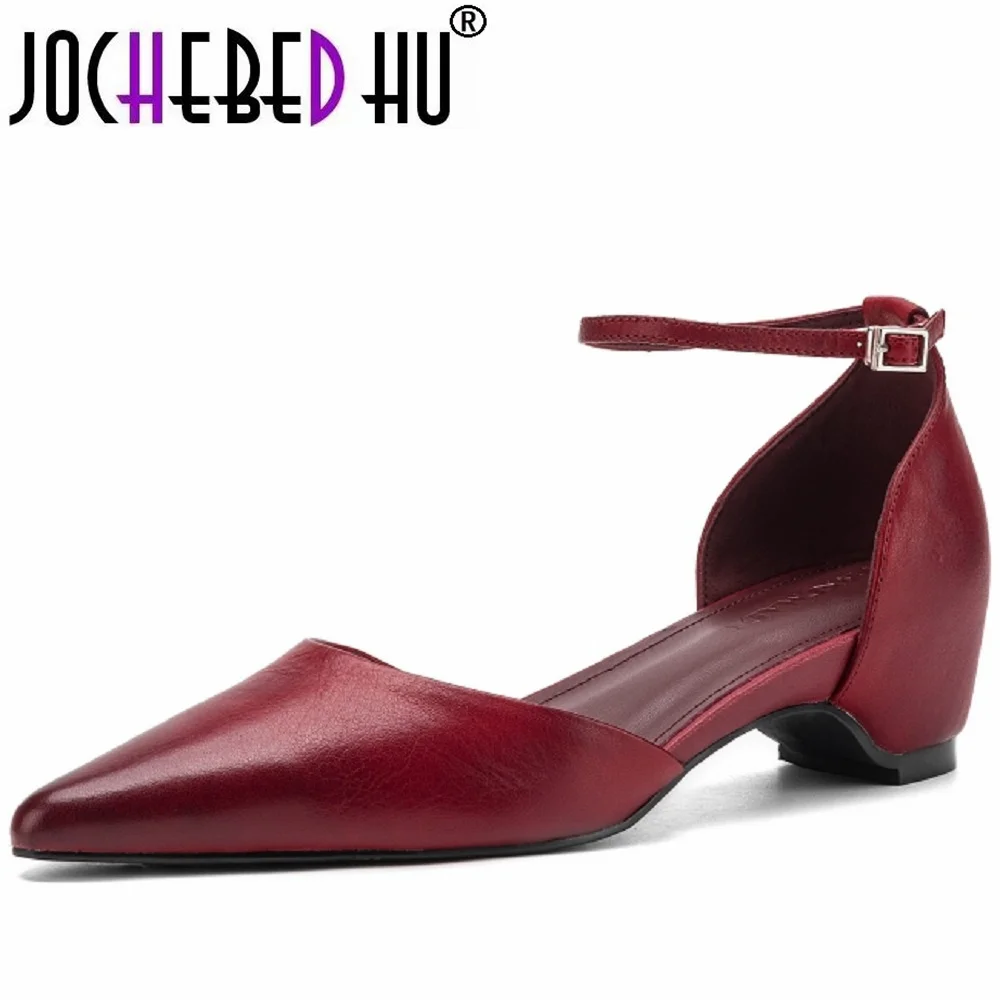 JOCHEBED HUwomen's Handmade Genuine leather Pointed toe ankle strap sandals wedge med heel elegant ladies summer pumps 34-42