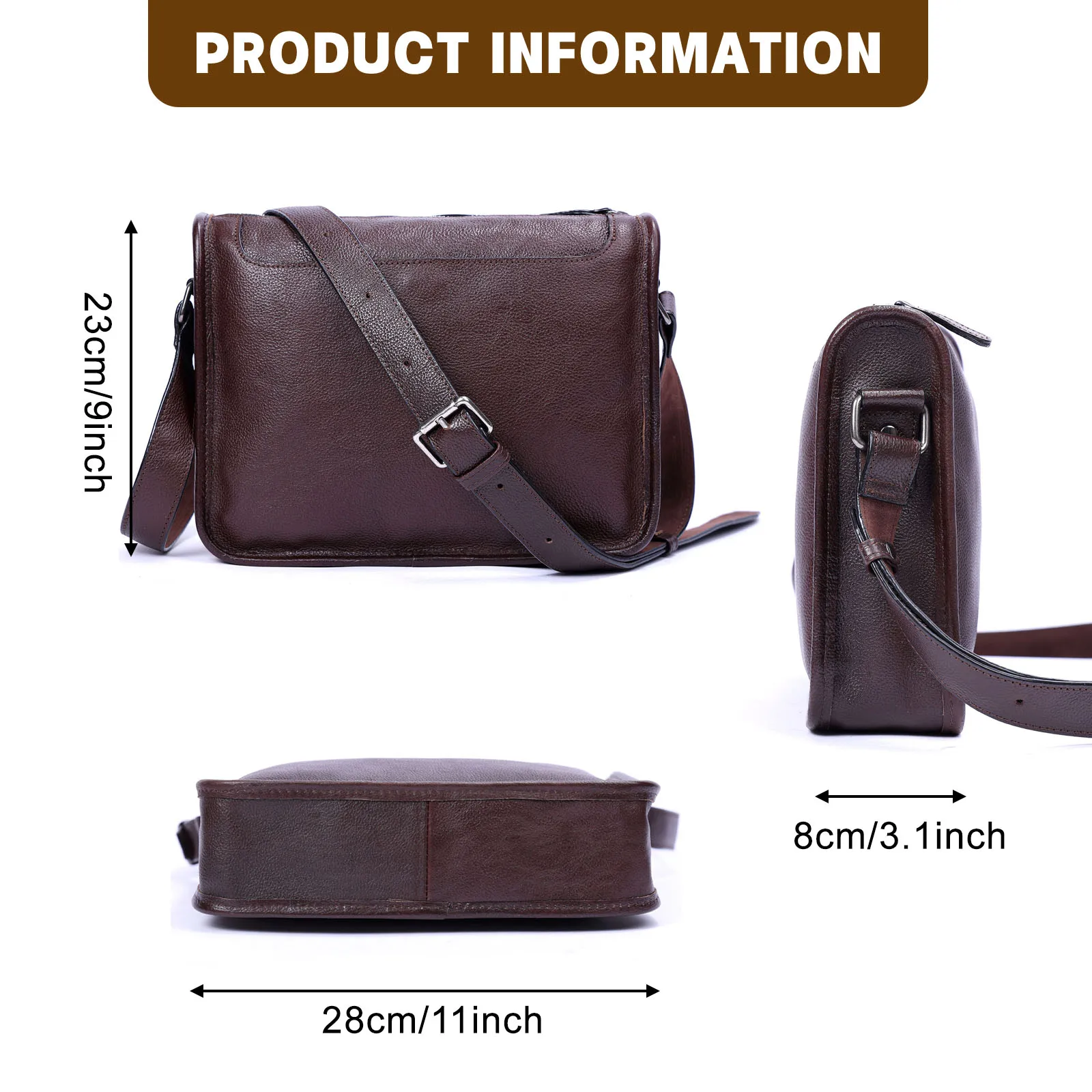 Echte Leder-Umhängetasche für Herren, Unisex, einfache Rindsledertasche, oberste Schicht pflanzlich gegerbtes Leder, modisch und lässig – Detail 2