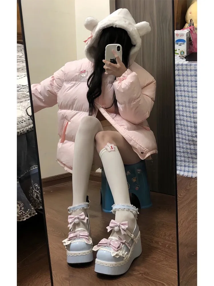 Cute Kit  Plu Hooded Jaet Women's Autumn Winter Thiened Bread Sle Cotton Coat Loose Fit College Sle Zipper Clo...