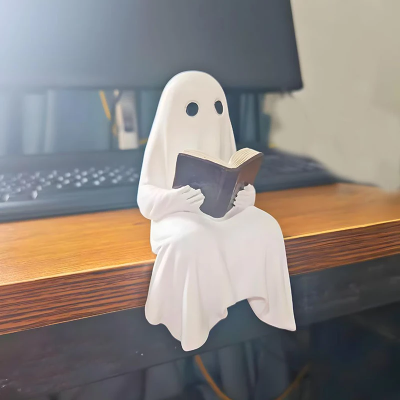 Halloween Ghost Figurine, Ghost Reading Statue Resin Sitting Ghosts Figurine Reading A Book For Halloween Bookshelf Office Deco