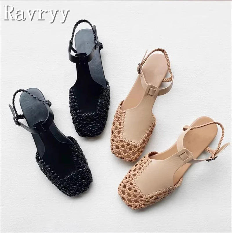 Women New Woven Genuine Leather Sandals Designer Summer Square Toe Flats Roman Style Cladiator Hollow Out Sandals