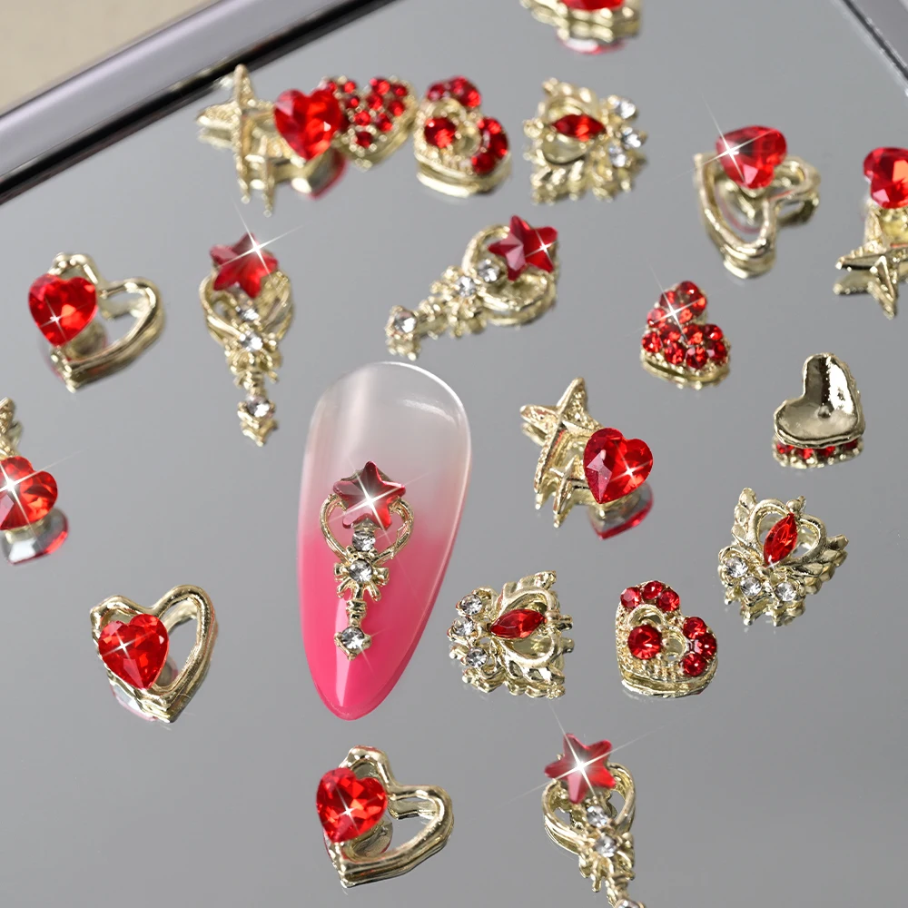 30Pcs/set Boxed Red Star Diamond Nail Charms Golden Hollowed-Out Alloy Nail Art Decoration Red Diamond Love Heart Nail Jewelry