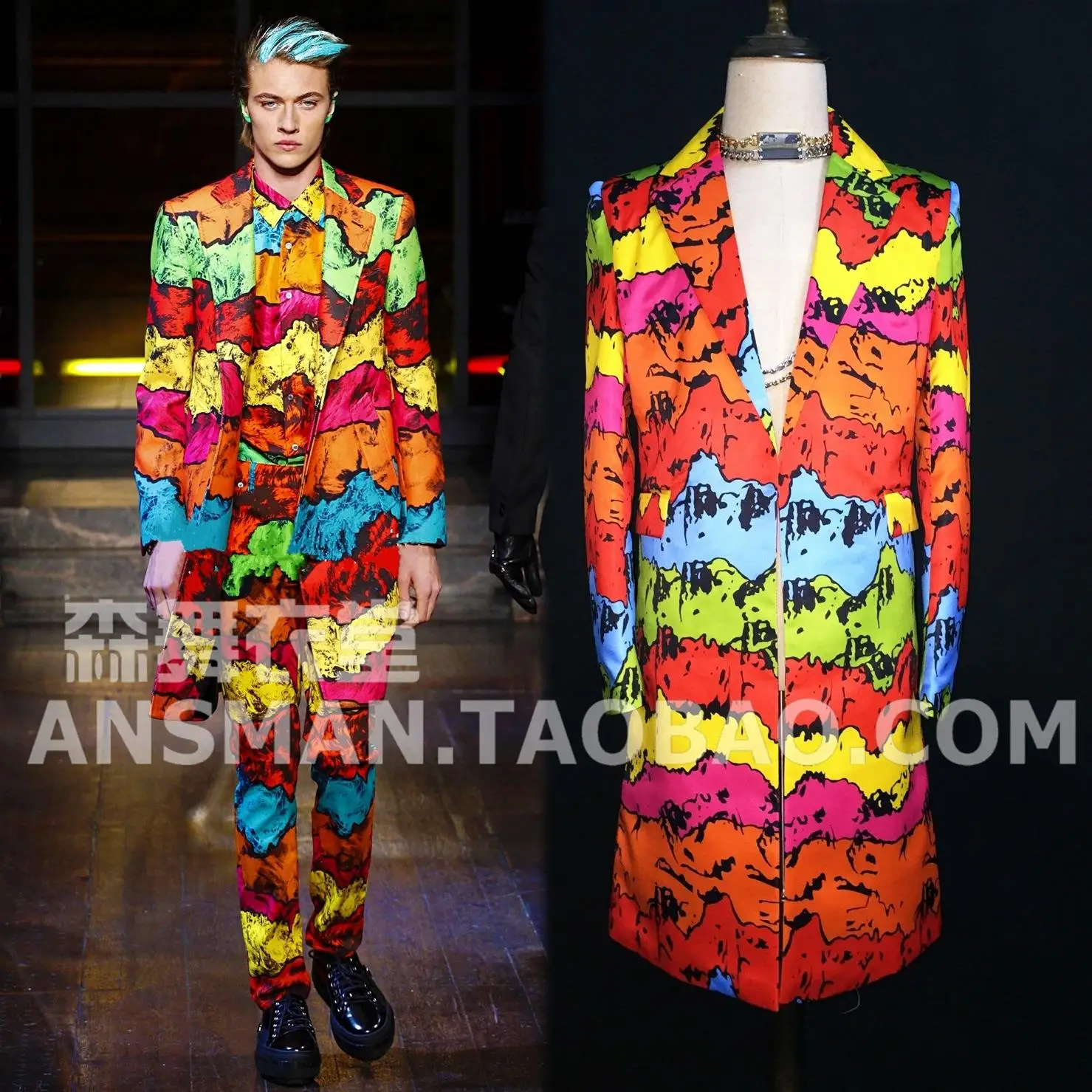 

Fashion Color Graffiti Long Blazer Hombre Coat+Shirts+Pants Men's Clothing Set Bar Nightclub Stage Male Singer Show Walk Costume