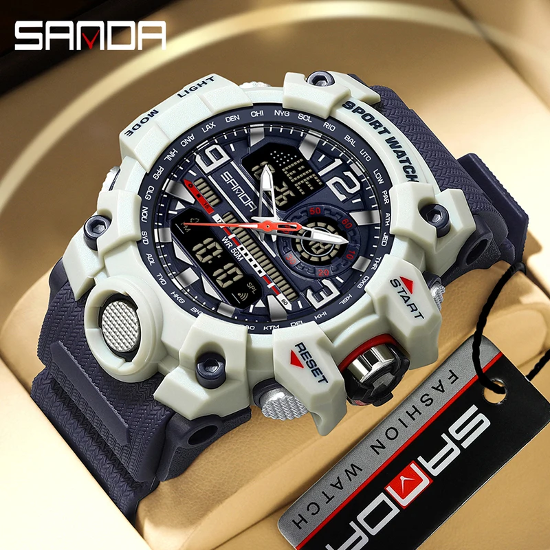 SANDA Dual Display Men Watch LED Luminous 5Bar Waterproof Sport Military Quartz Watch Electron Digital Men Watch Reloj De Hombre