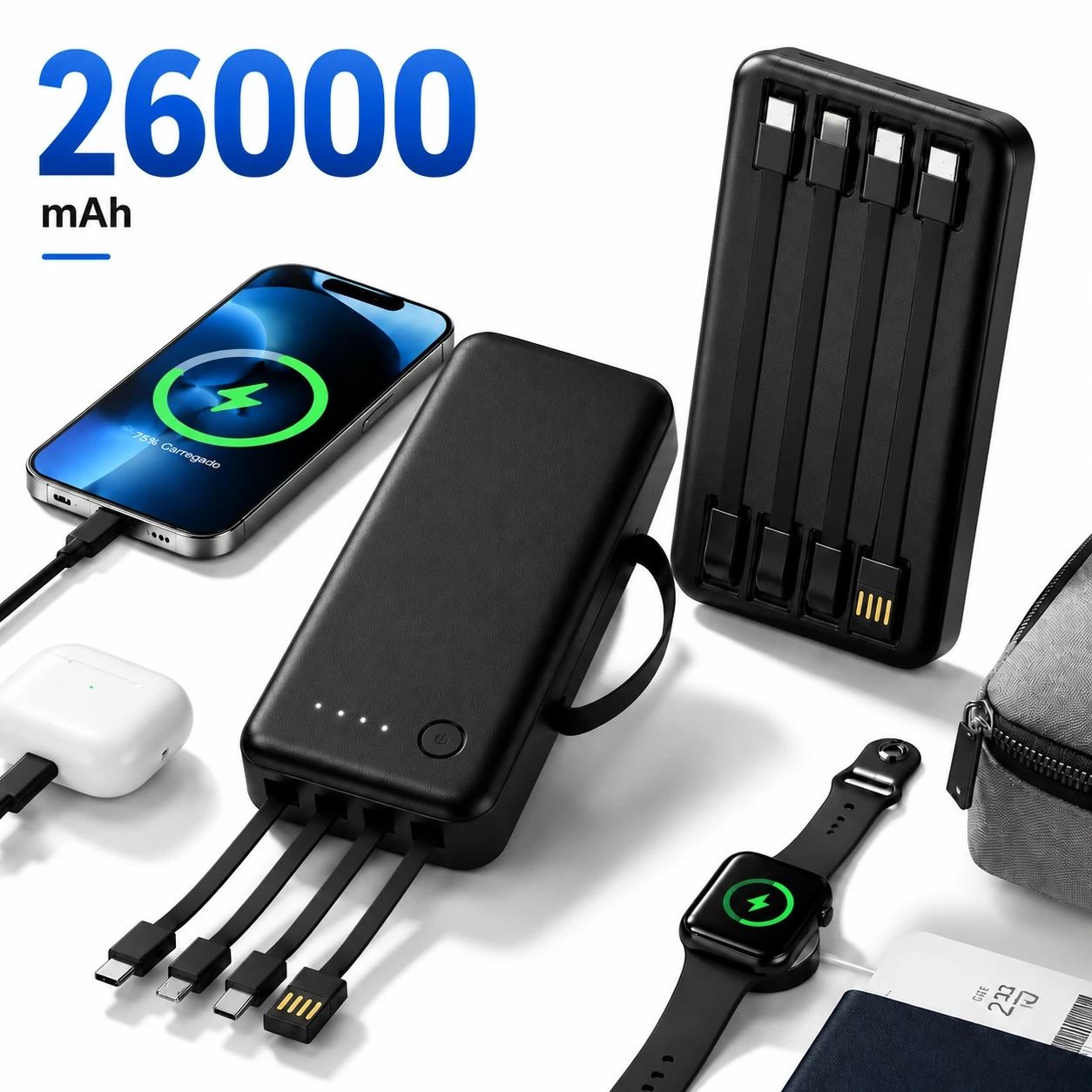Carregador Portátil 26000mAh Power Bank Rápido com 4 Cabos USB para Celular, Viagem e Uso Diário