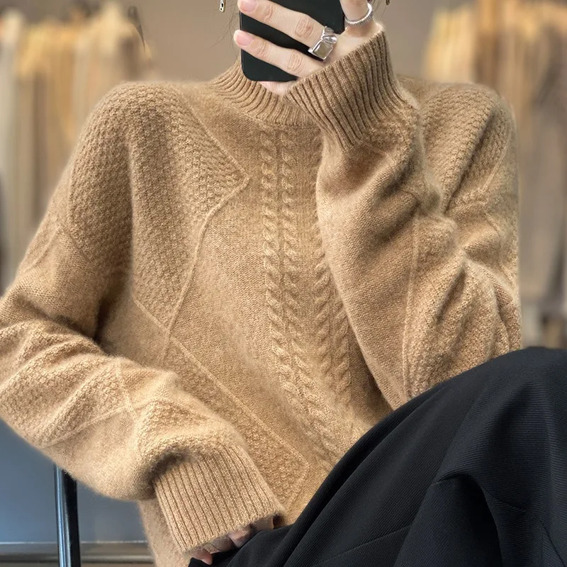 2023 Autumn Winter New Woolen Bottom Shirt Women Half Turtleneck Temperament Pullover Thick Sweater Loose Pure Wool Slim Shirt