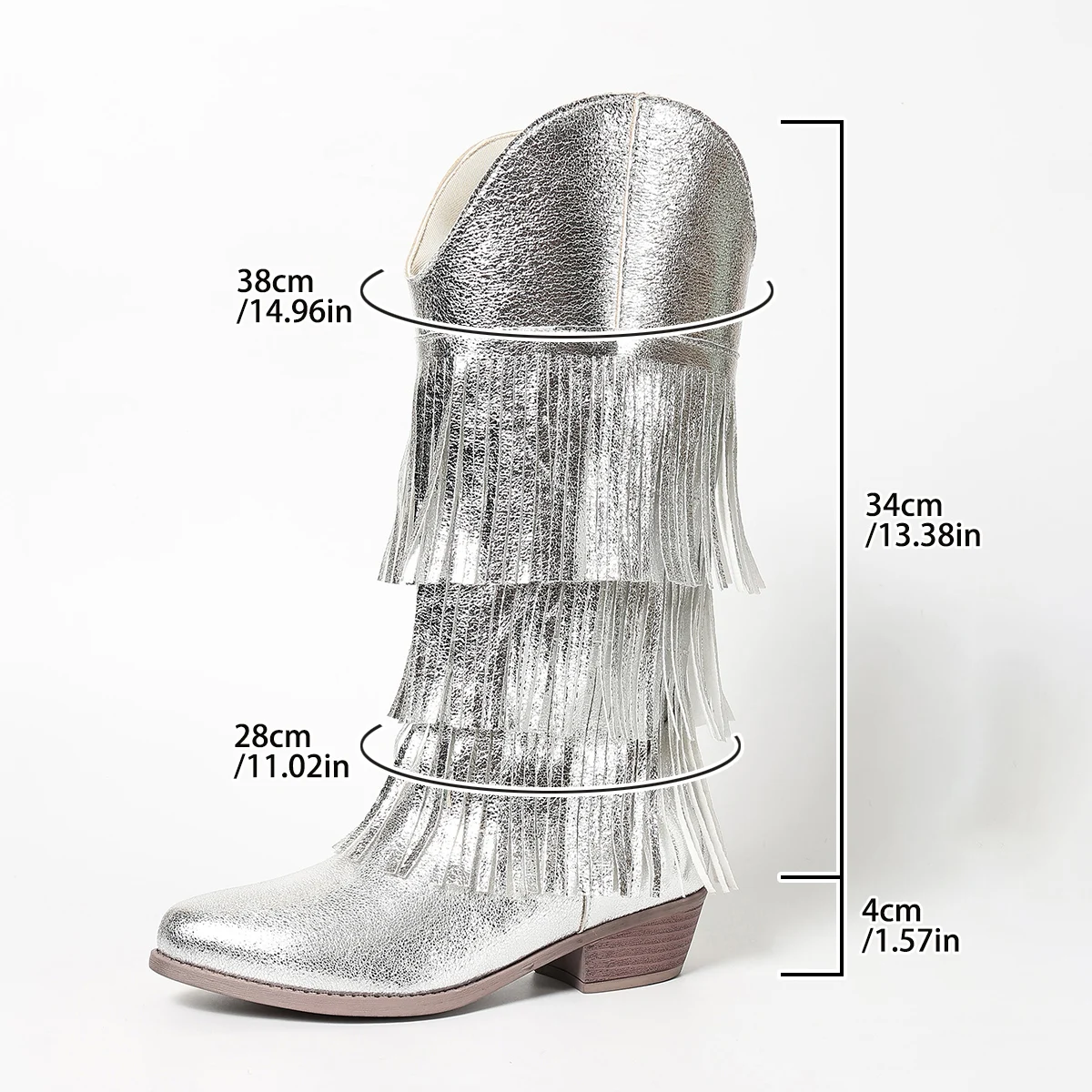 Silberglänzende, mehrlagige Quasten-Westernstiefel mit klobigen Absätzen und runden Zehen, geeignet für Bühnenauftritte und Party-Atmosphäre, stilvolle mittelhohe Stiefel, die bis zum Knie reichen. – Detail 6