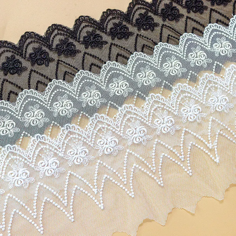 Embroidered Flower Tulle Lace Trim, Sewing Craft, DIY Trimming Decor, Delicate White, Black, Beige, Cotton, 10cm Wide, 2 Yards