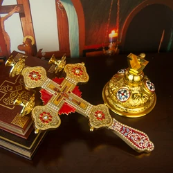Orthodox Cross Candlestick Gold-Plated Zinc Alloy with Jesus Crucifixion 16.3in Church Altar Decor Home Prayer Religious Gift