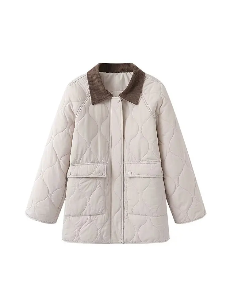 NLZGMSJ Giacca trapuntata da donna 2025 Tasche a maniche lunghe invernali Cappotto imbottito in cotone sciolto Colletto in velluto a coste Parka Capispalla Y2K