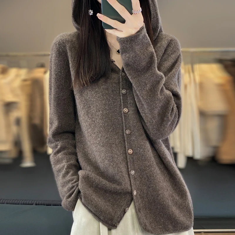 2024 Spring/Autumn/Winter Women Hooded Cardigan 100% Merino Wool Sweater Cardigan Women Korean Fashion Coat Solid Color Top