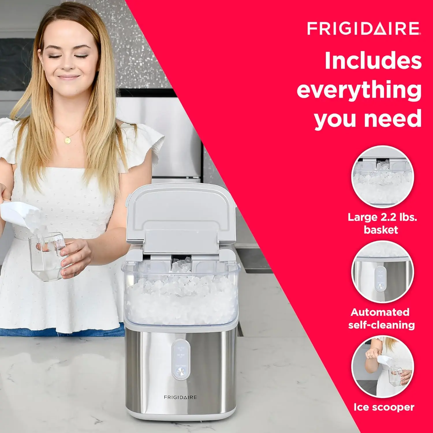 Frigidaire controsoffitto croccante masticabile pepita Ice Maker, compatto, 33 libbre al giorno, finitura metallica