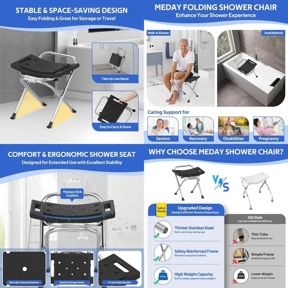 

Складное сиденье для душа из нержавеющей стали с подушкой, вместимость 400 фунтов, портативная скамейка для ванны для пожилых людей и инвалидов, идеально подходит для Т