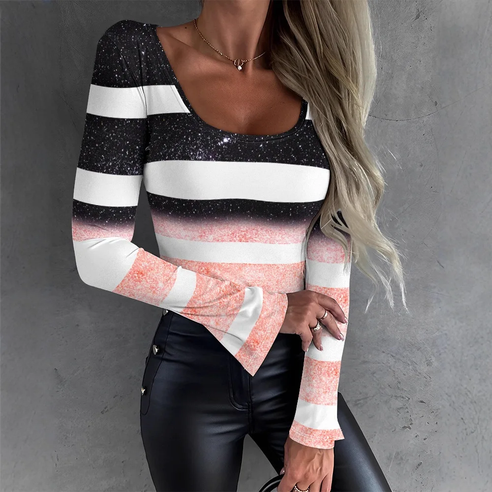 Mulheres listras impressas manga longa topo o pescoço camiseta blusa camiseta verão moda casual camisetas