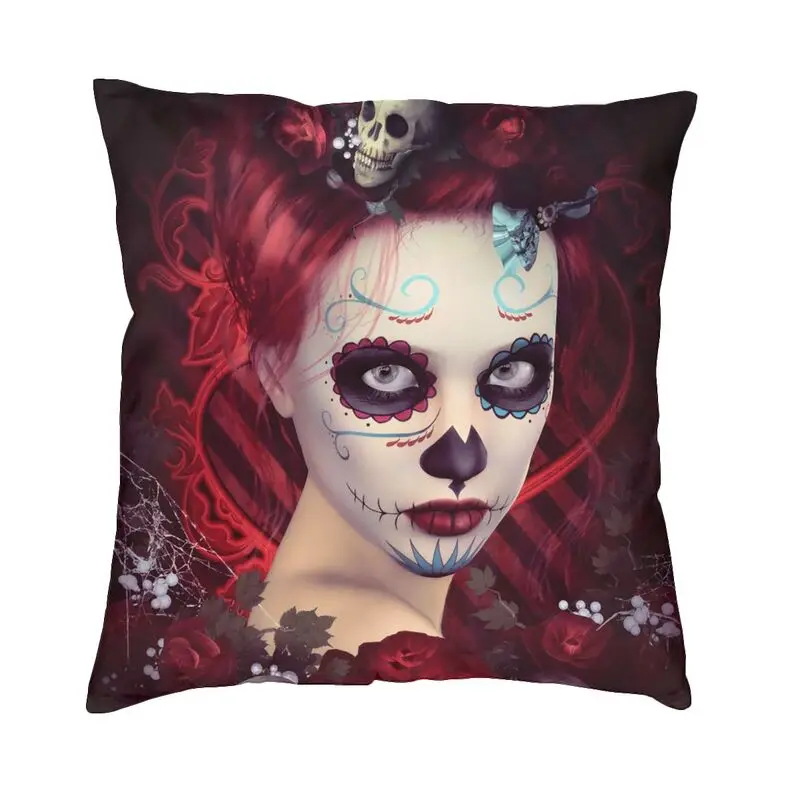 Sugar Doll Red Dia De Muertos Square Throw Pillow Case Home Decorative 3D Two Side Printed Mexican Gothic Skull Cushion Cover