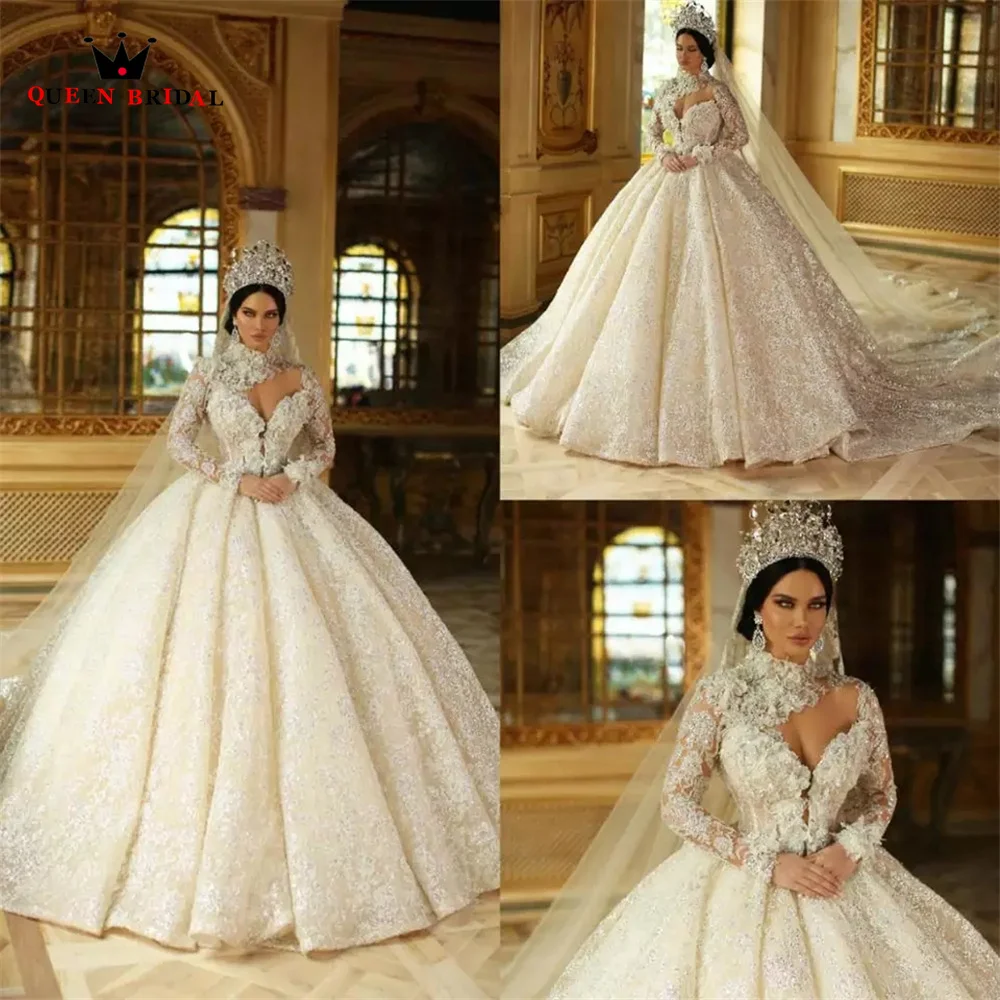 Custom Made Luxury Weddding Dresses 2023 New Ball Gown Long Sleeve Tulle Lace Crystal Flowers Formal Bridal Gowns SD21